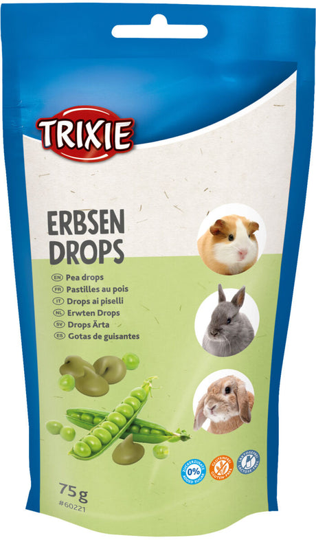 Verpackung von Erbsen-Drops für Tiere mit blauer Oberseite und Bildern von drei Nagetieren sowie Erbsenabbildungen.