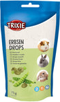 Verpackung von Erbsen-Drops für Tiere mit blauer Oberseite und Bildern von drei Nagetieren sowie Erbsenabbildungen.