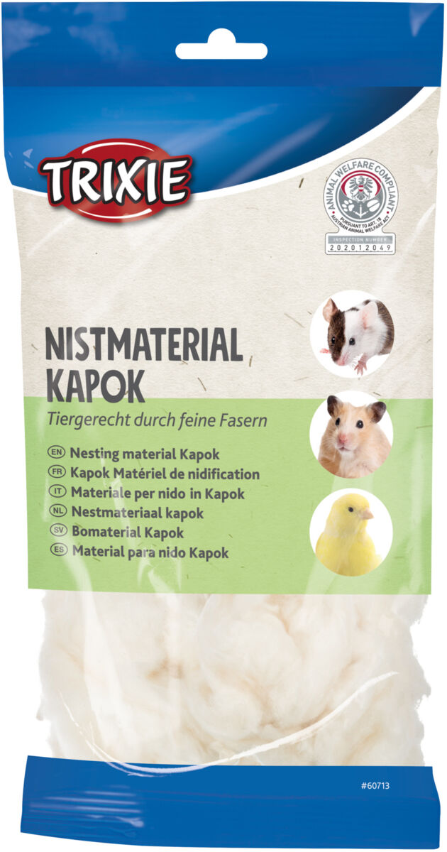 Eine Packung mit der Aufschrift "Nistmaterial Kapok" von Trixie mit Bildern von Kleintieren und einem Logo.