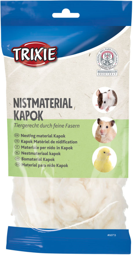 Eine Packung mit der Aufschrift "Nistmaterial Kapok" von Trixie mit Bildern von Kleintieren und einem Logo.
