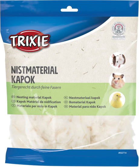 Verpackung von Trixie Nistmaterial Kapok mit Tierbildern und mehrsprachiger Beschreibung auf blauem und grünem Hintergrund.
