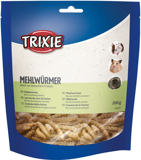 Verpackung mit der Aufschrift "Trixie Mehlwürmer reich an tierischem Protein", darunter Bilder von drei Nagetieren.