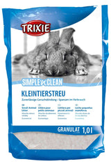 Eine Packung Kleintierstreu mit blauem und weißem Design, darauf ein Bild eines grauen Kaninchens und die Marke Trixie.