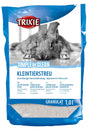 Eine Packung Kleintierstreu mit blauem und weißem Design, darauf ein Bild eines grauen Kaninchens und die Marke Trixie.