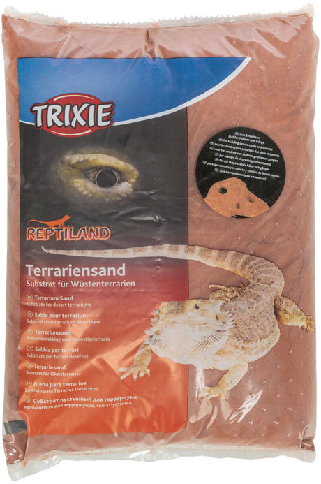 Verpackung von Terrariensand der Marke Trixie für Wüstenterrarien, mit einem Bild eines Reptils auf der Vorderseite.