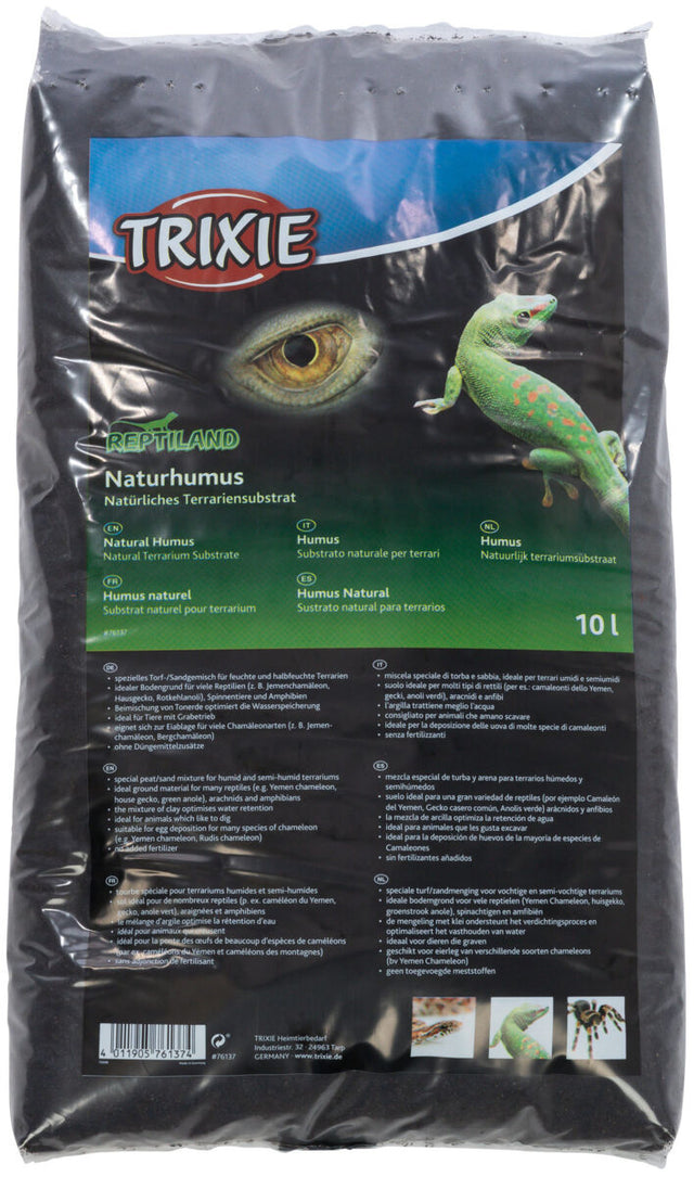 Tüte mit der Aufschrift "TRIXIE Reptiland Naturhumus" und einem Bild von einem grünen Reptil und einem Auge.