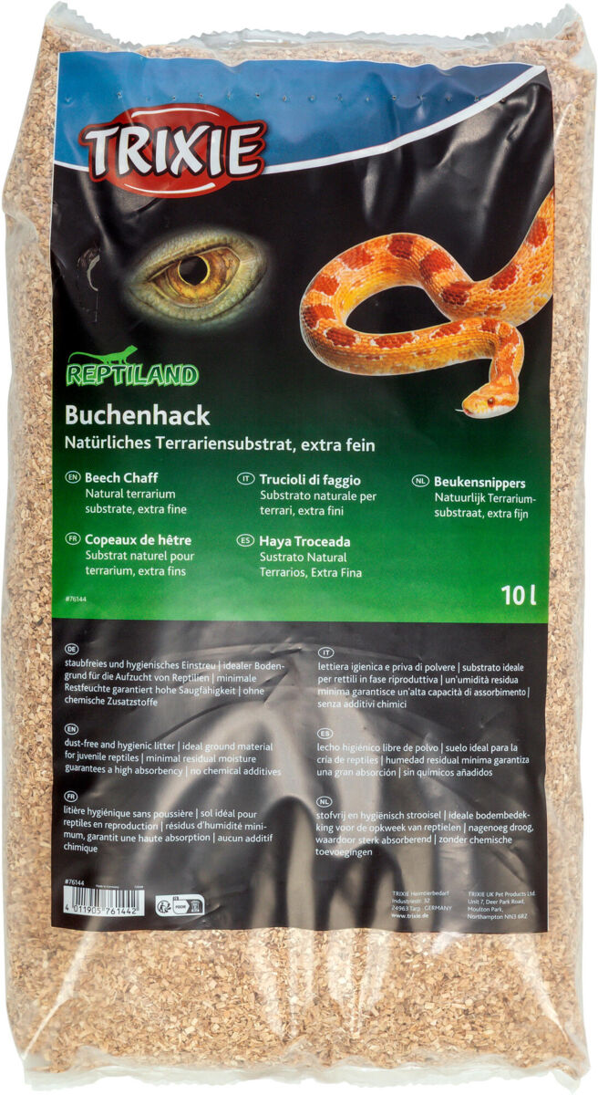 Beutel mit Buchenhack als Terrariensubstrat der Marke Trixie, Inhalt 10 Liter, Bild einer Schlange und Reptilienauge.