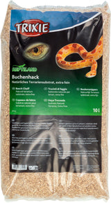 Beutel mit Buchenhack als Terrariensubstrat der Marke Trixie, Inhalt 10 Liter, Bild einer Schlange und Reptilienauge.