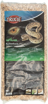 Verpackung mit Buchenschnitzeln für Terrarien, zeigt Schlangenmuster und Text in mehreren Sprachen.