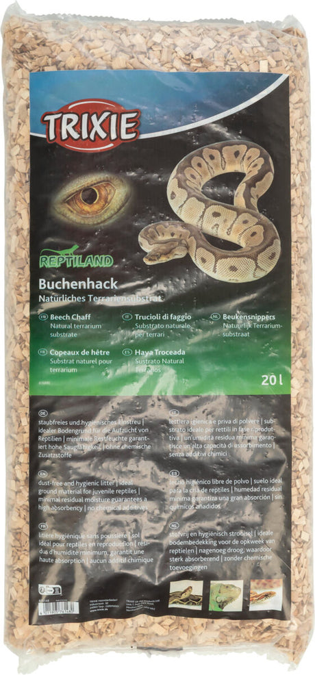 Verpackung mit Buchenschnitzeln für Terrarien, zeigt Schlangenmuster und Text in mehreren Sprachen.