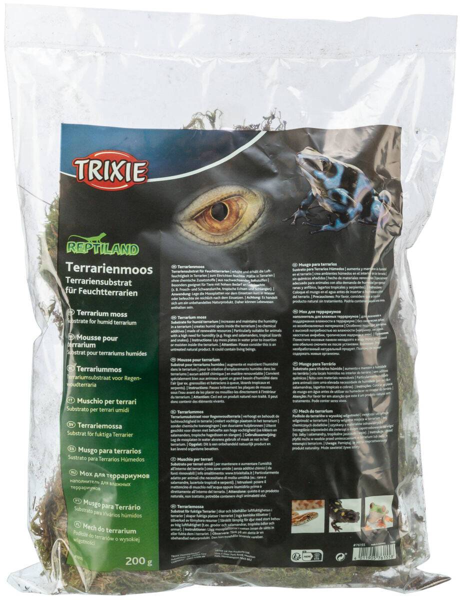 Eine durchsichtige Plastiktüte mit der Aufschrift "Trixie Reptiland Terrarienmoos" und Abbildungen eines Auges und eines Frosches.