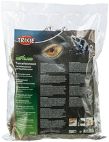 Eine durchsichtige Plastiktüte mit der Aufschrift "Trixie Reptiland Terrarienmoos" und Abbildungen eines Auges und eines Frosches.