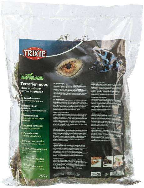 Eine durchsichtige Plastiktüte mit der Aufschrift "Trixie Reptiland Terrarienmoos" und Abbildungen eines Auges und eines Frosches.