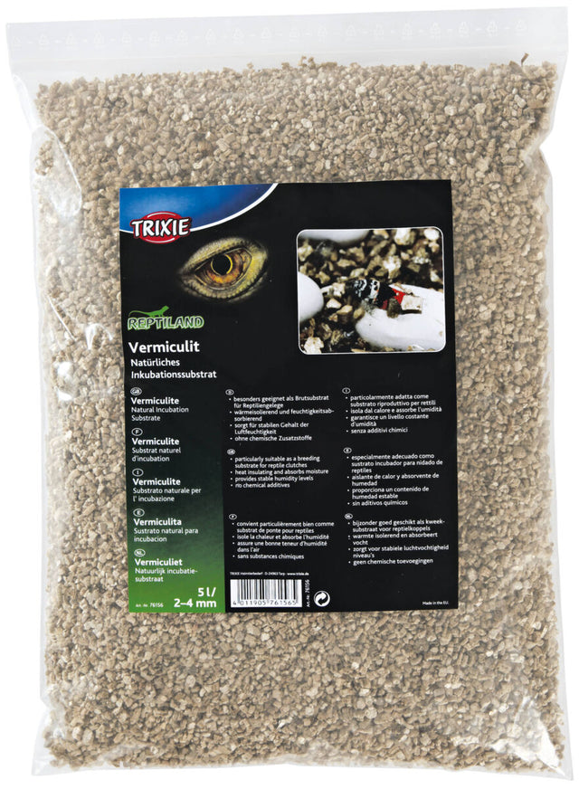 Klare Verpackung mit naturfarbenem Vermiculit als Inkubationssubstrat, Aufdruck zeigt Trixie Reptiland-Branding.