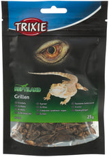 Verpackung mit getrockneten Grillen von Trixie, oben ein Bild eines Reptilienauges und einer Echse auf schwarzem Hintergrund.