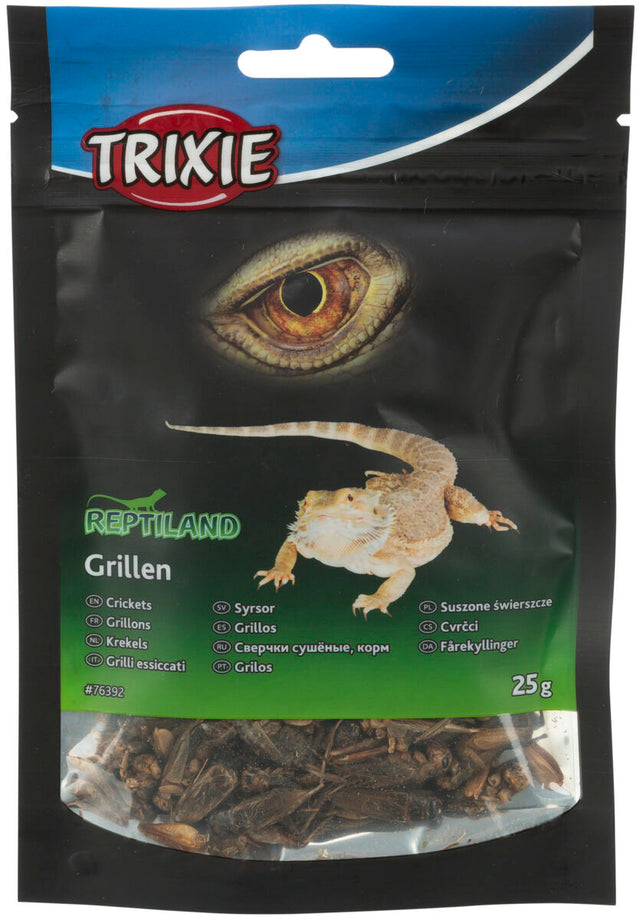 Verpackung mit getrockneten Grillen von Trixie, oben ein Bild eines Reptilienauges und einer Echse auf schwarzem Hintergrund.