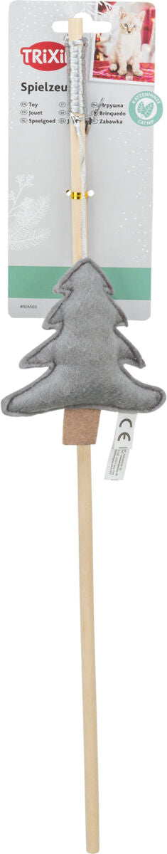 Katzenspielzeug mit grauem Baum aus Stoff an einem Holzstab, Verpackung mit Katzenbild und Aufschrift "Spielzeug".