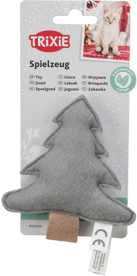 Graues Katzenminze-Spielzeug in Tannenbaumform mit Aufhänger, "Trixie Spielzeug" Text und Katzenfoto auf der Verpackung.