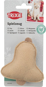 Katzenspielzeug aus beigefarbenem Stoff mit einer Verpackung, die mehrsprachig "Spielzeug" und "Katzenminze" zeigt.
