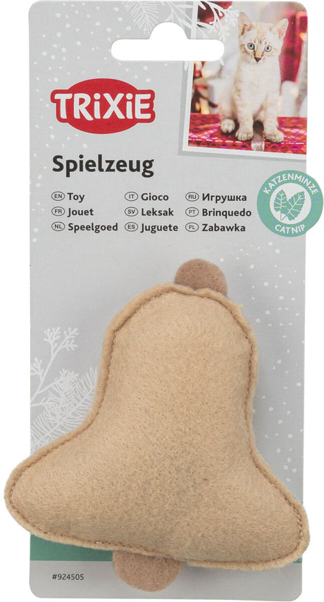 Katzenspielzeug aus beigefarbenem Stoff mit einer Verpackung, die mehrsprachig "Spielzeug" und "Katzenminze" zeigt.