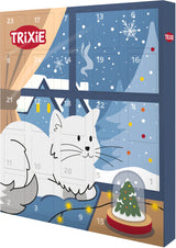 Adventskalender mit Katzenmotiv, Schneelandschaft und Weihnachtsbaum, TRIXIE-Logo in der Ecke.