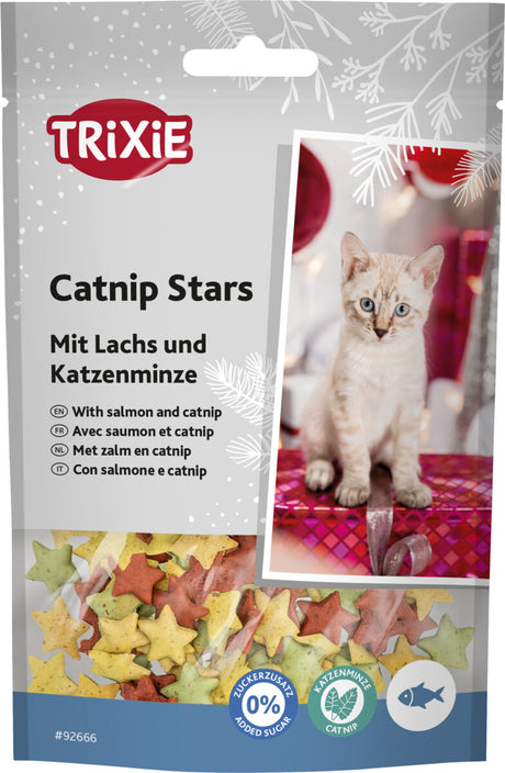 Verpackung mit mehrfarbigen, sternförmigen Katzensnacks, der Text zeigt "Catnip Stars mit Lachs und Katzenminze," und ein Kätzchen ist abgebildet.