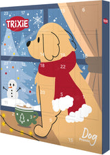 Ein Adventskalender mit einem illustrierten Hund in rotem Schal vor einem verschneiten Fenster mit Schneemann.
