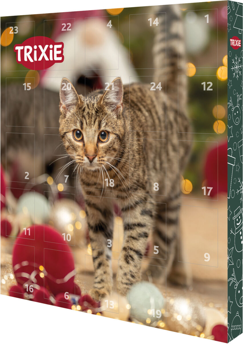 Ein Adventskalender zeigt eine Katze vor einer weihnachtlichen Kulisse mit Lichtern und Kugeln, Markenname oben links.