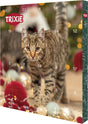 Ein Adventskalender zeigt eine Katze vor einer weihnachtlichen Kulisse mit Lichtern und Kugeln, Markenname oben links.