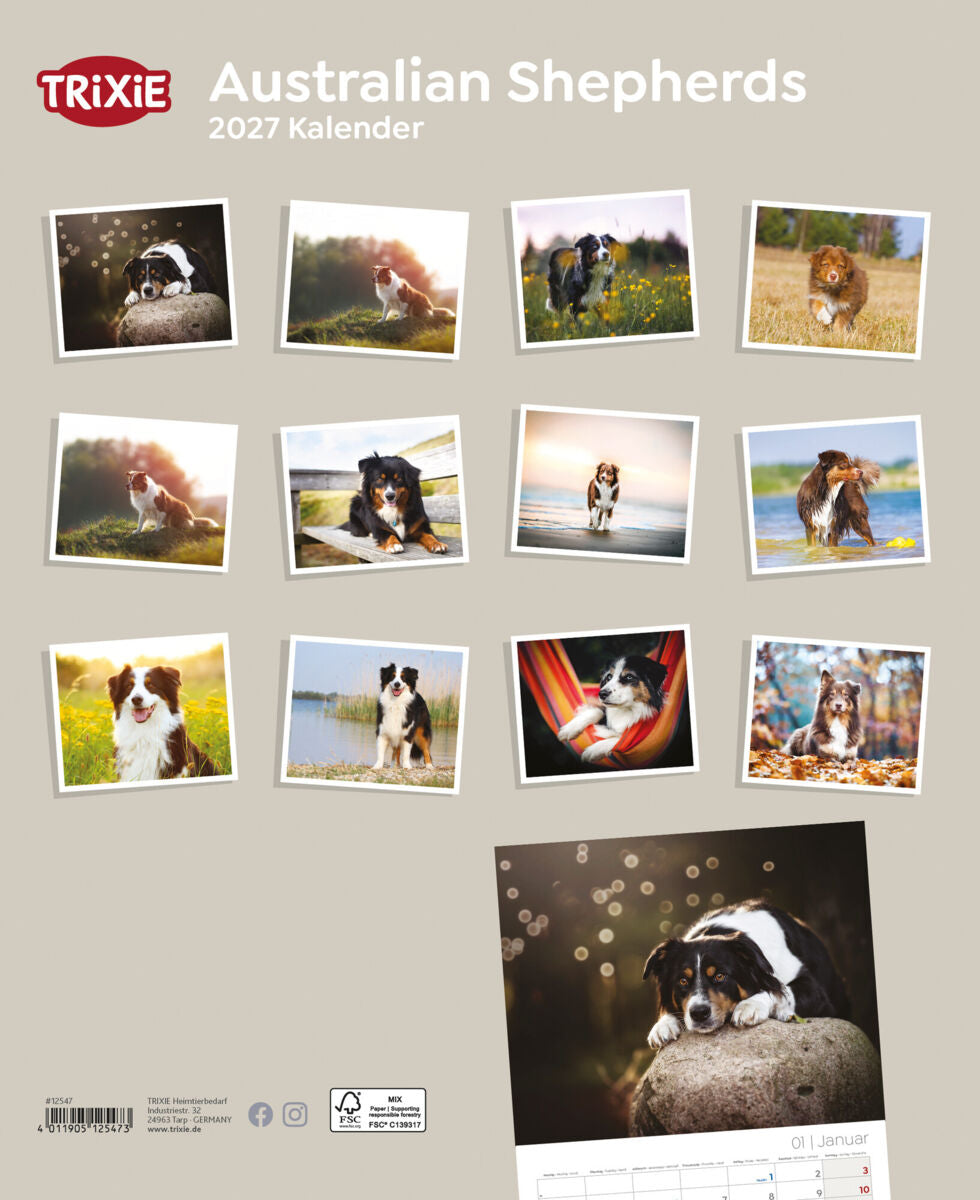 Kalender mit Fotos von Hunden der Rasse Australian Shepherd, TRIXIE-Logo oben links.