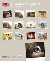 Kalender mit Fotos von Hunden der Rasse Australian Shepherd, TRIXIE-Logo oben links.