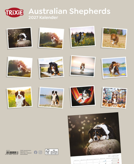 Kalender mit Fotos von Hunden der Rasse Australian Shepherd, TRIXIE-Logo oben links.