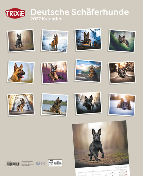TRIXIE Kalender 2027 mit Fotos von Deutsche Schäferhunden auf beigefarbenem Hintergrund.