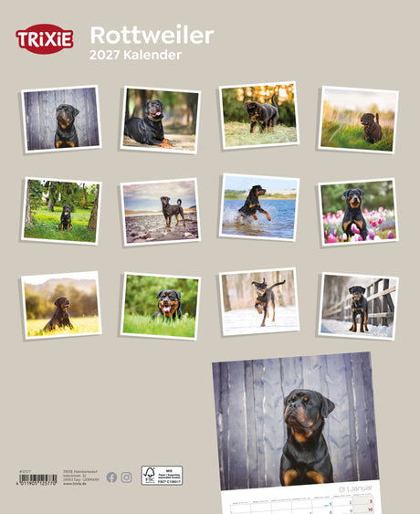 Rottweiler-Kalender 2027 mit verschiedenen Fotos von Rottweiler-Hunden in unterschiedlichen Umgebungen.