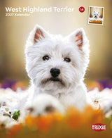 Ein West Highland Terrier mit weißem Fell sitzt zwischen bunten Blumen, Trixie-Logo sichtbar.