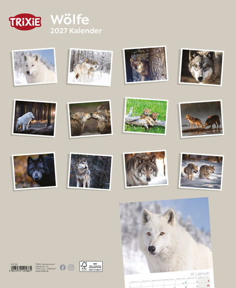 Kalender mit Wolfbildern und „TRIXIE Wölfe 2027 Kalender“ Aufschrift.