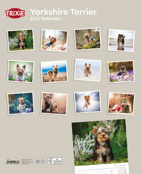 Kalender mit Yorkshire Terrier Fotos auf beigem Hintergrund, Logo und Titel oben links.