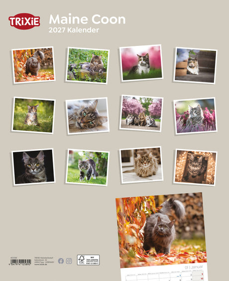TRIXIE-Kalender 2027 mit Maine Coon Katzen in verschiedenen natürlichen Umgebungen.
