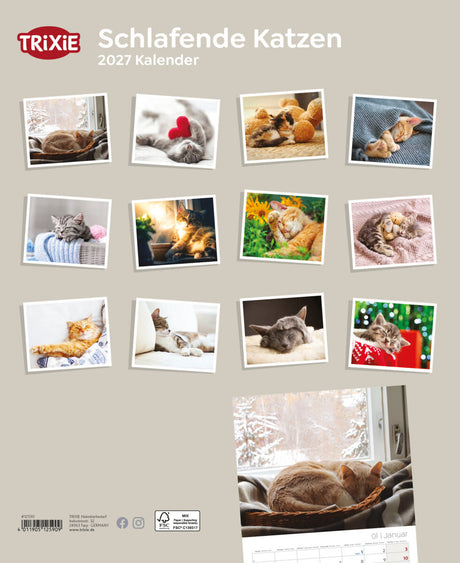 Kalender mit zwölf Fotos schlafender Katzen und dem Text "TRIXIE Schlafende Katzen 2027 Kalender".