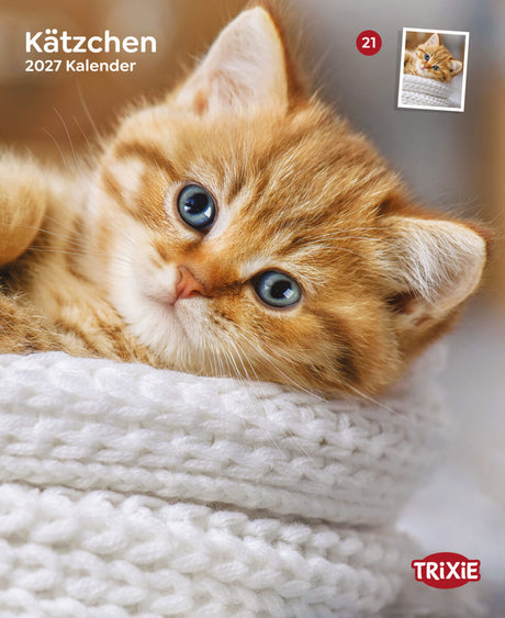 Rotes Kätzchen liegt in weiß gestricktem Korb, mit Schriftzug „Kätzchen 2027 Kalender“ und „TRIXIE“-Logo.