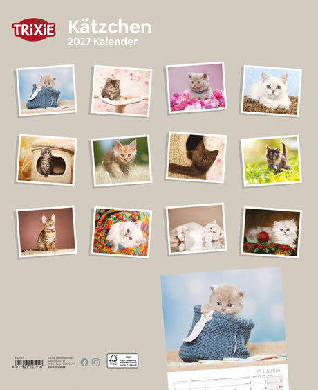 TRIXIE Kätzchen 2027 Kalender mit zwölf Fotos von Kätzchen, präsentiert auf einem beigen Hintergrund.