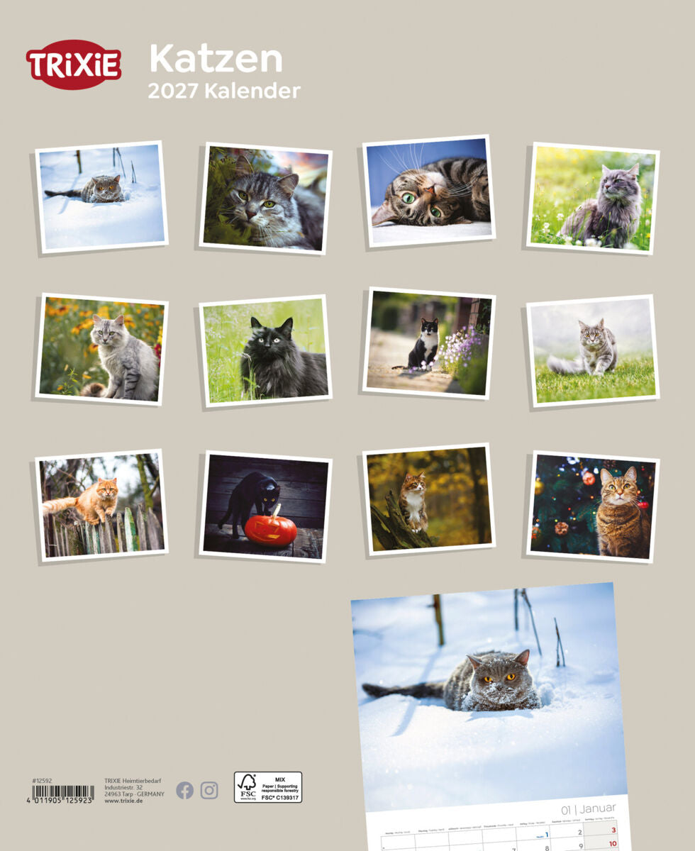 Collage aus Katzenfotos mit Trixie-Logo und "Katzen 2027 Kalender" als Aufschrift.