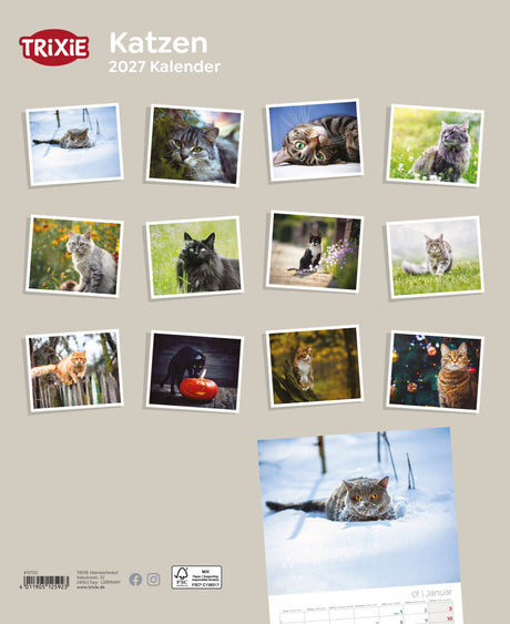 Collage aus Katzenfotos mit Trixie-Logo und "Katzen 2027 Kalender" als Aufschrift.