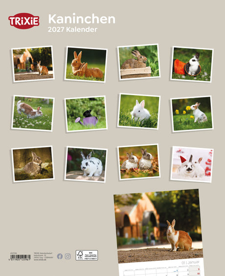 TRIXIE Kaninchen-Kalender 2027 mit verschiedenen Kaninchenfotos auf beigem Hintergrund.