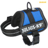 Blaues und schwarzes Hundegeschirr mit reflektierenden Streifen, markiert mit "JULIUS-K9" auf einem Etikett.