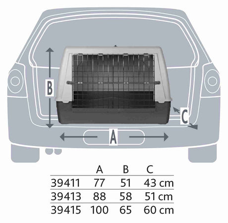 Transportbox für Tiere mit Gittertür vor Auto-Silhouette, Maße A: 77-100 cm, B: 51-65 cm, C: 43-60 cm.