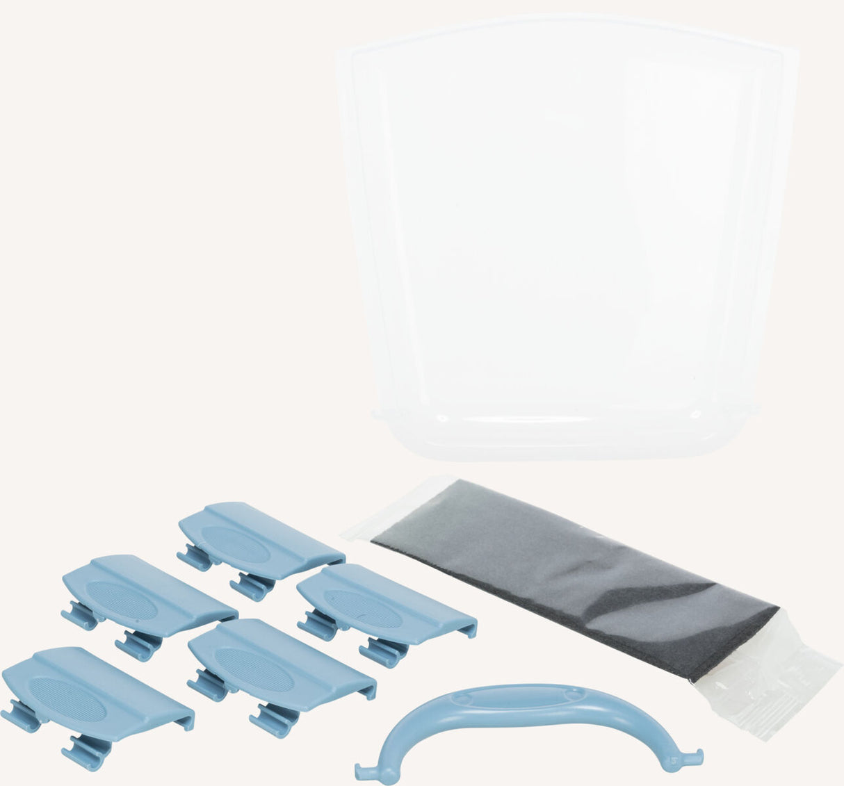 Transparente Abdeckung, sechs blaue Clips und ein schwarzer Beutel; Zubehörset auf hellem Hintergrund.