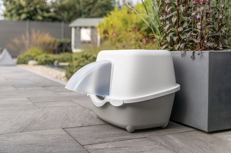 Geschlossene Katzentoilette mit Haube steht auf einer Terrasse neben einem Pflanzkübel.