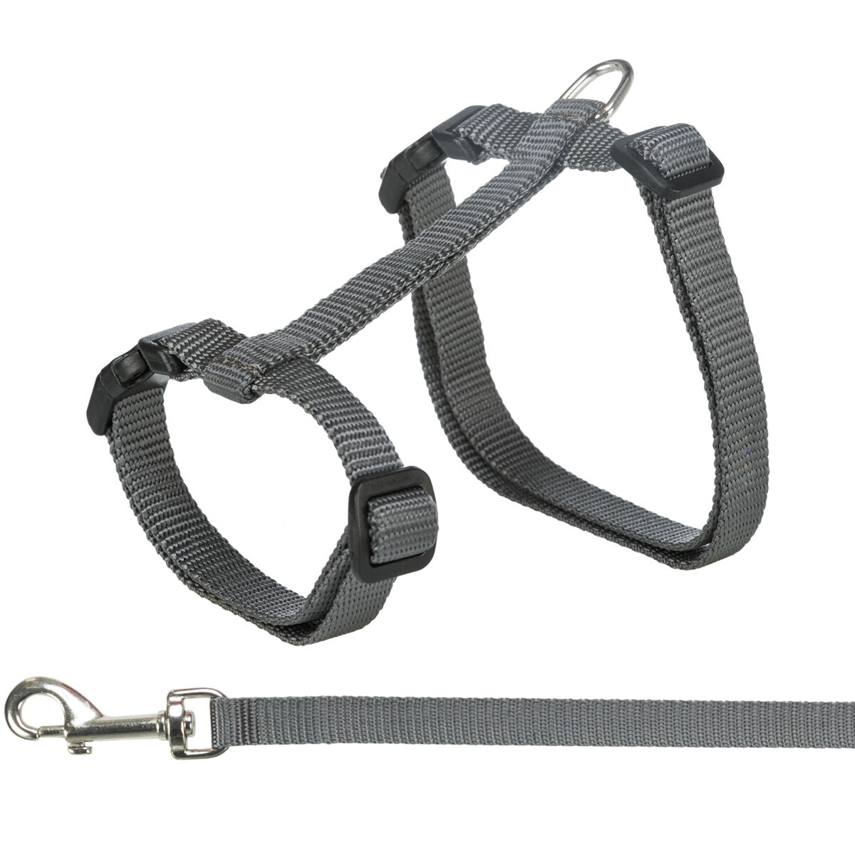 Graues Hundegeschirr aus Nylon mit verstellbaren Riemen und Metallring, daran befestigt eine passende Leine mit Karabiner.