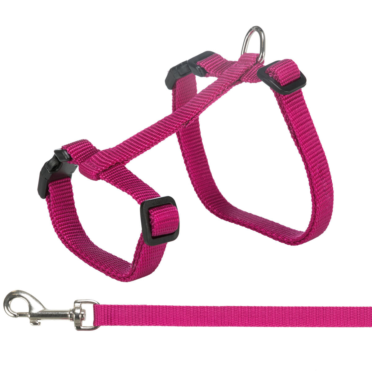 Rosa Hunde-Geschirr mit verstellbaren Gurten und einem silberfarbenen Karabinerhaken, design ohne Polsterung.